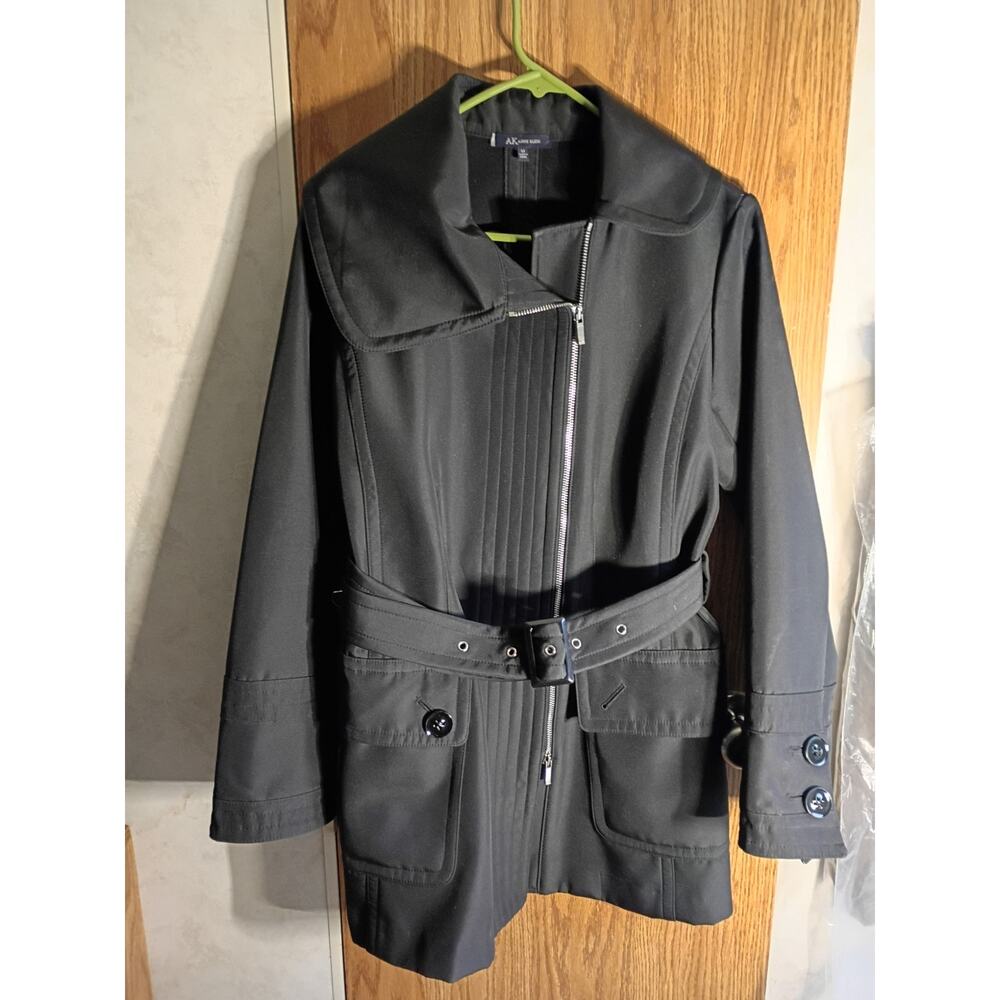 AK Anne Klein Belted Trench Coat Black Structured Zip Up Jacket Medium Quietlux